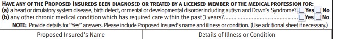 to show questions on life insurance application for a child with cerebral palsy