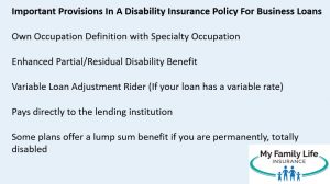 to show important provisions a disability insurance policy must have to protect business loans