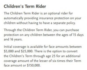 example of a term life insurance rider for children on a parent policy