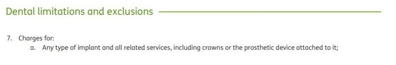 an example exclusion list that shows dental implants not covered by this particular dental insurance carrier.